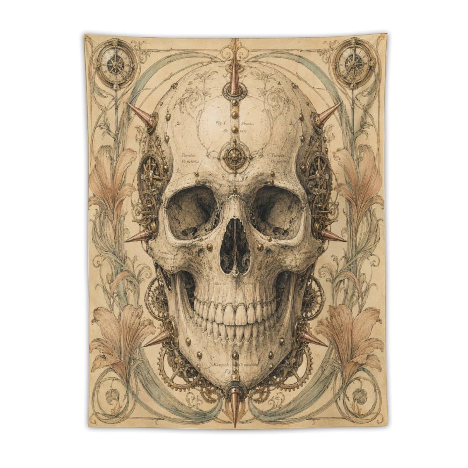 W7C8U2X3 Ornate Skull with Clockwork Wall Tapestry, Fantasy Illustration