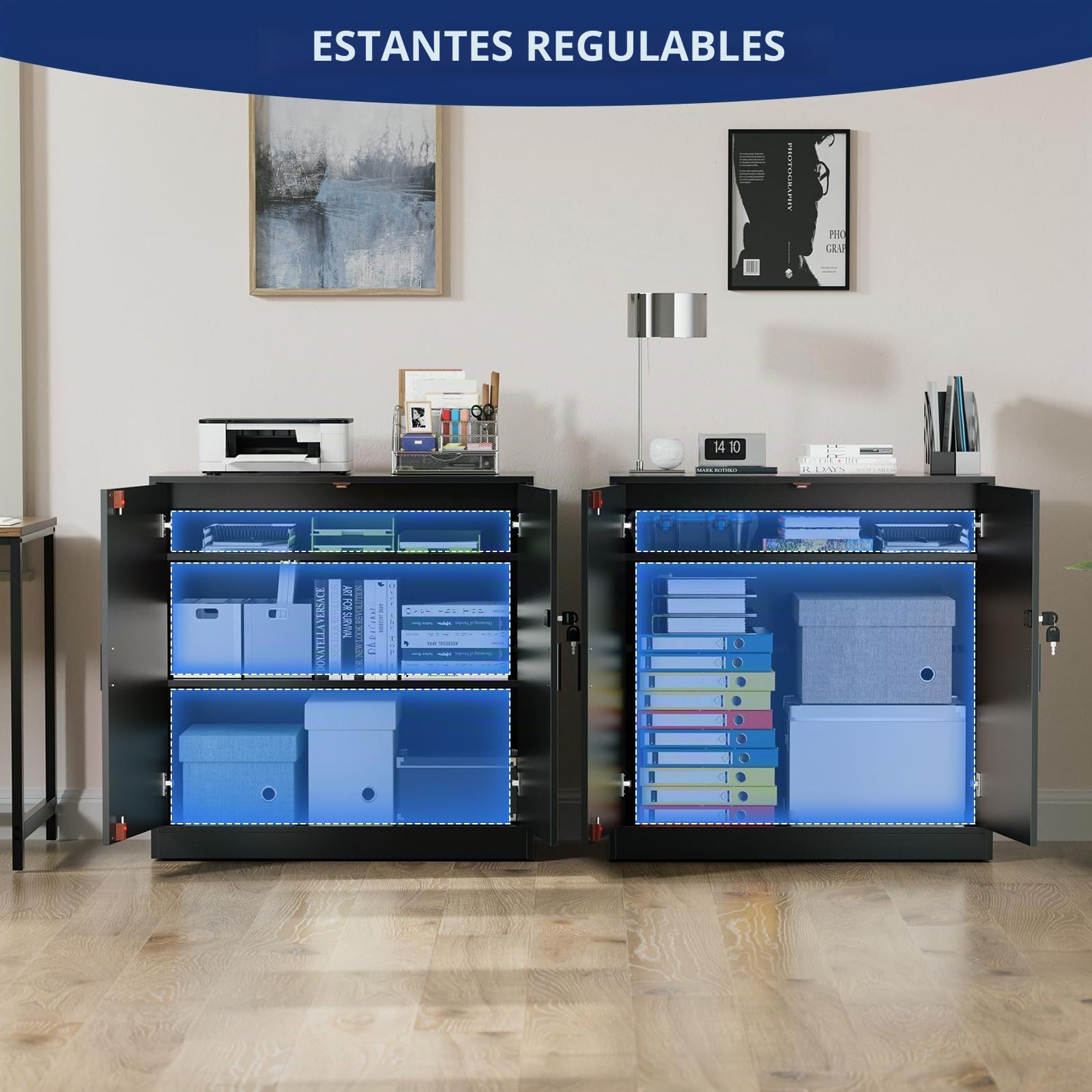 buybyroom Armario Oficina con Llave, Armario Multiusos Almacenaje para Cocina Archivador Oficina Dormitorio Garaje Herramientas y Salon, Baldas Ajustable, 2 Puertas, 87 cm Fondo, Negro