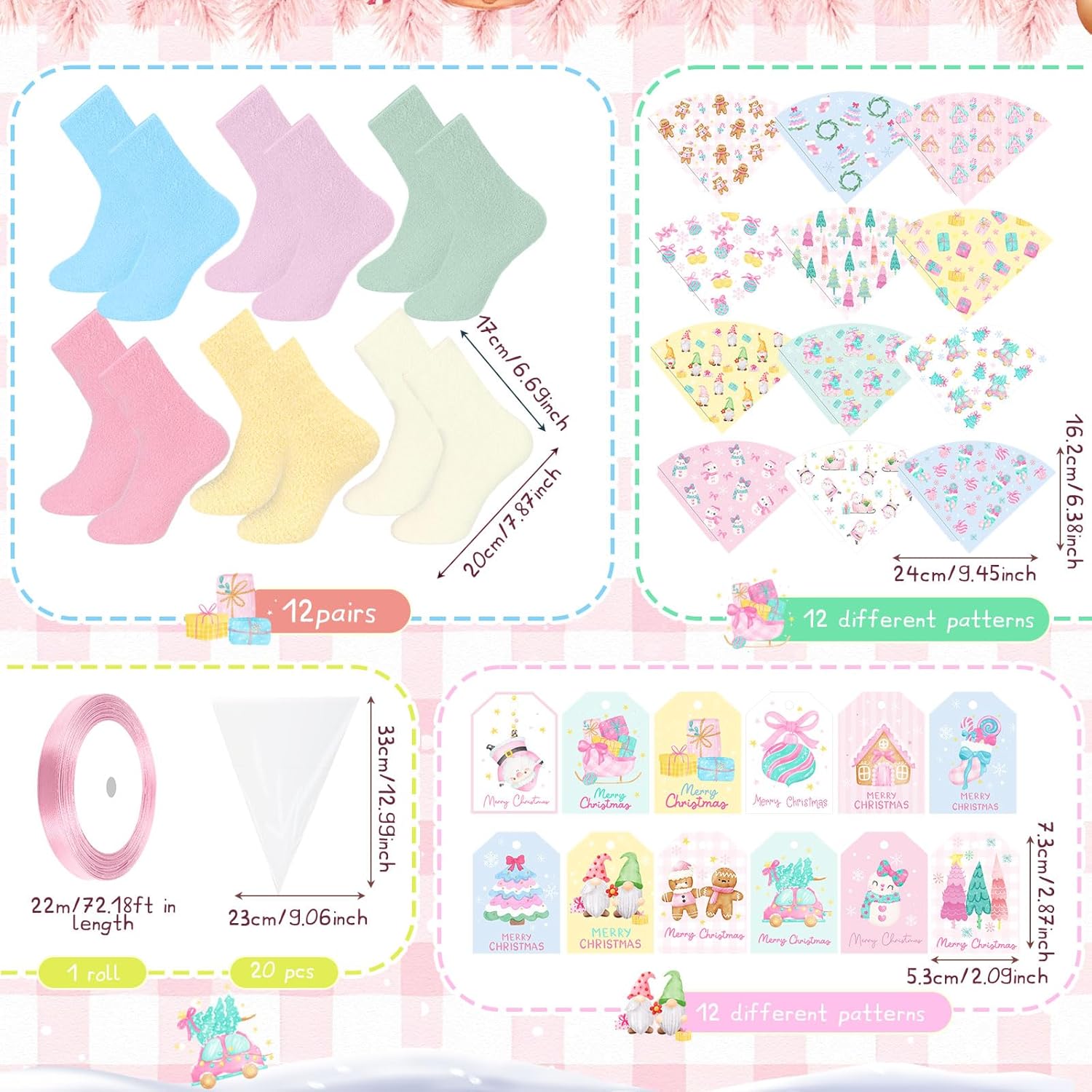 JenPen 12 Pairs Women Fuzzy Socks Bulk Ice Cream Winter Warm Fluffy Socks DIY Cupcake Fluffy Stocking Gift with Card Ribbon Wrapping Bags for Winter Holiday - Image 3