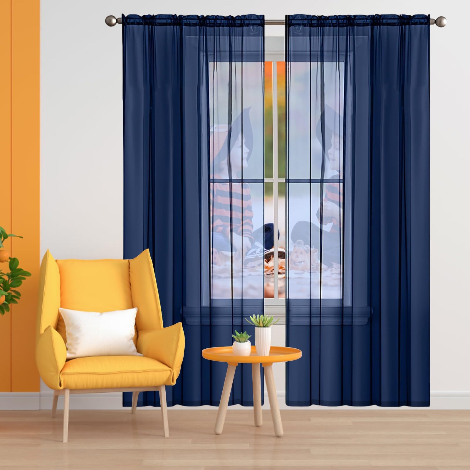 Voile Gardinen Vorhänge 140 x 160 cm Transparente Gardine aus Voile Polyester Stangendurchzug Luftig Dekoschal Transparent Vorhänge for Bedroom Living Room, Dunkelblau