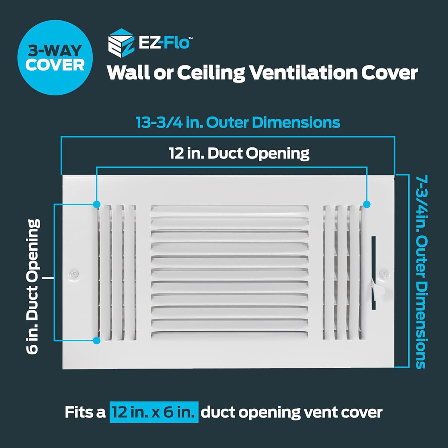 ez-flo 12 x 6 inch (duct opening) air vent cover for wall or ceiling, three-way ventilation register, solid steel hvac register cover, white, 61615 12 in. x 6 in. white
