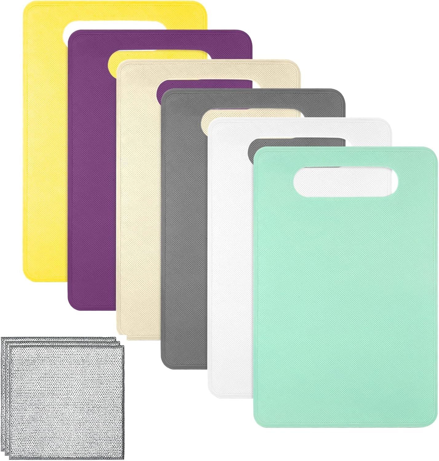 6 Stück Kunststoff Schneidebrett Rutschfest Brettchen BPA Frei Antibakteriell Schneidebretter Set Frühstücksbrettchen Küchenbrett Kunststof 29 x 19cm mit Mehrzweck Draht Geschirrspüllappen