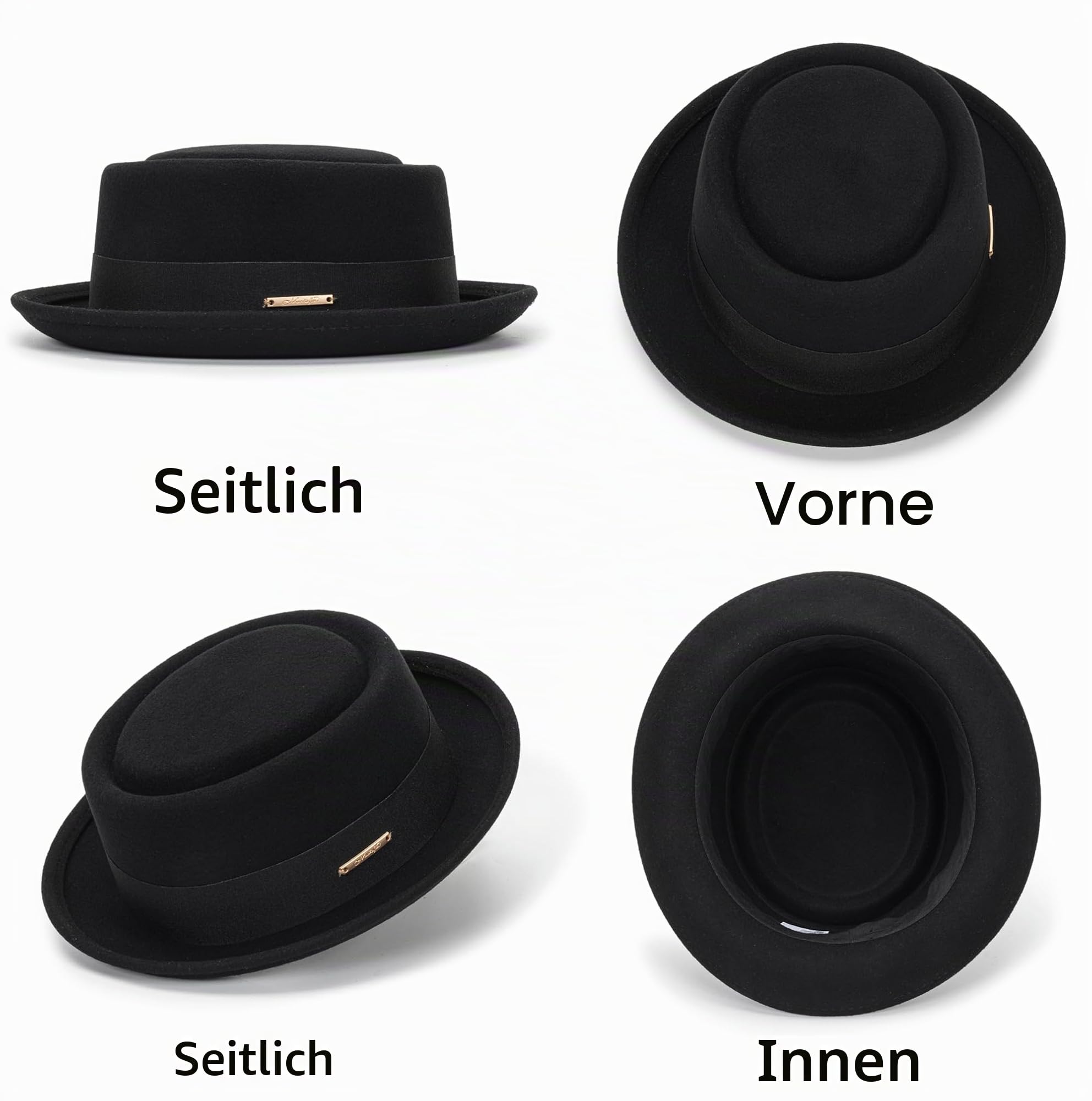 Pork Pie Hut für Herren und Damen, kurze Krempe, Fedora, Flachhut, Wollfilz, Bootsfahrer, Panamahut, Größe: S-M