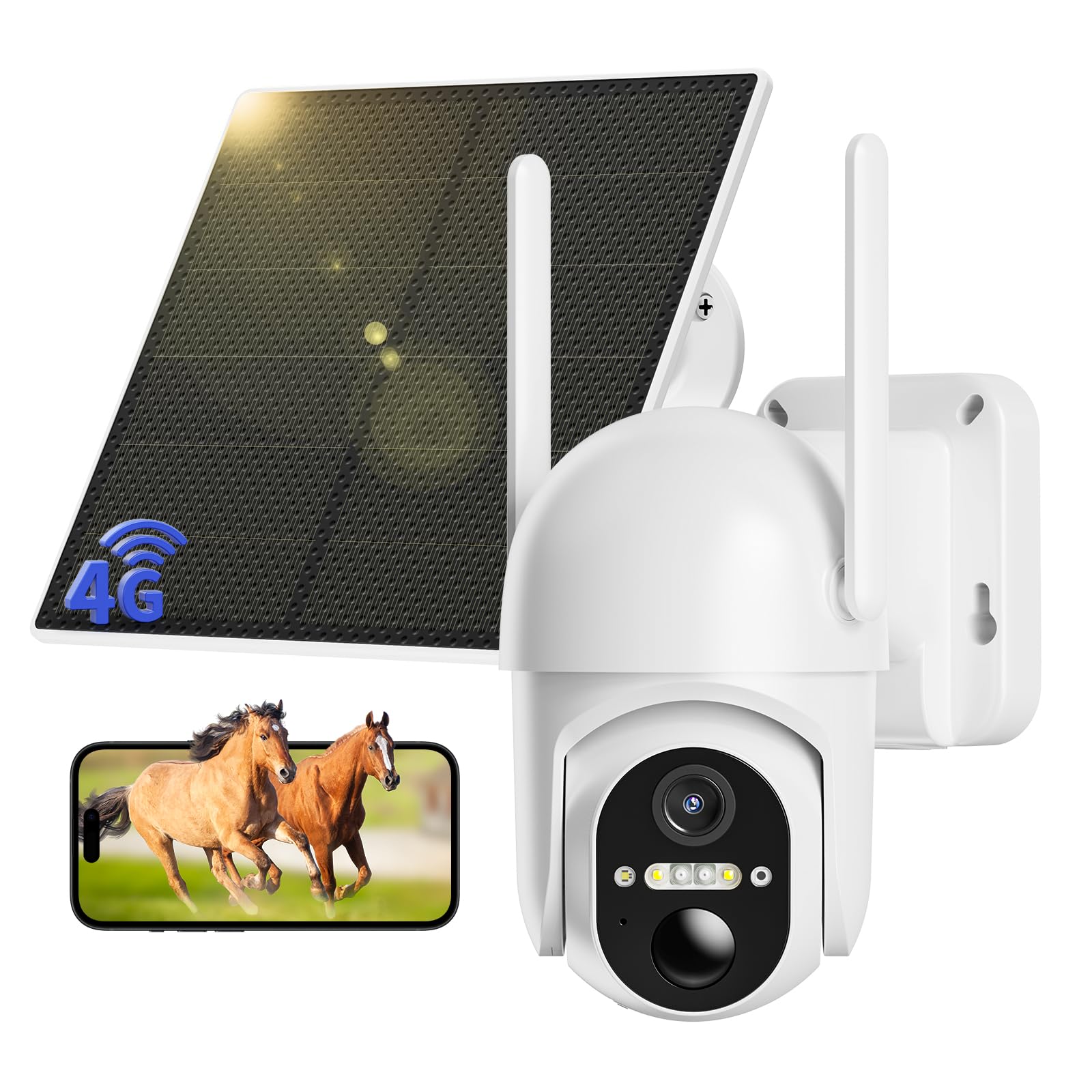4G LTE Camara Vigilancia Exterior con Panel Solar, 2K 360° PTZ Cámara Vigilancia con Tarjeta SIM, PIR Detección de Movimiento, Visión Nocturna en Color, Audio Bidireccional, IP66 Impermeable