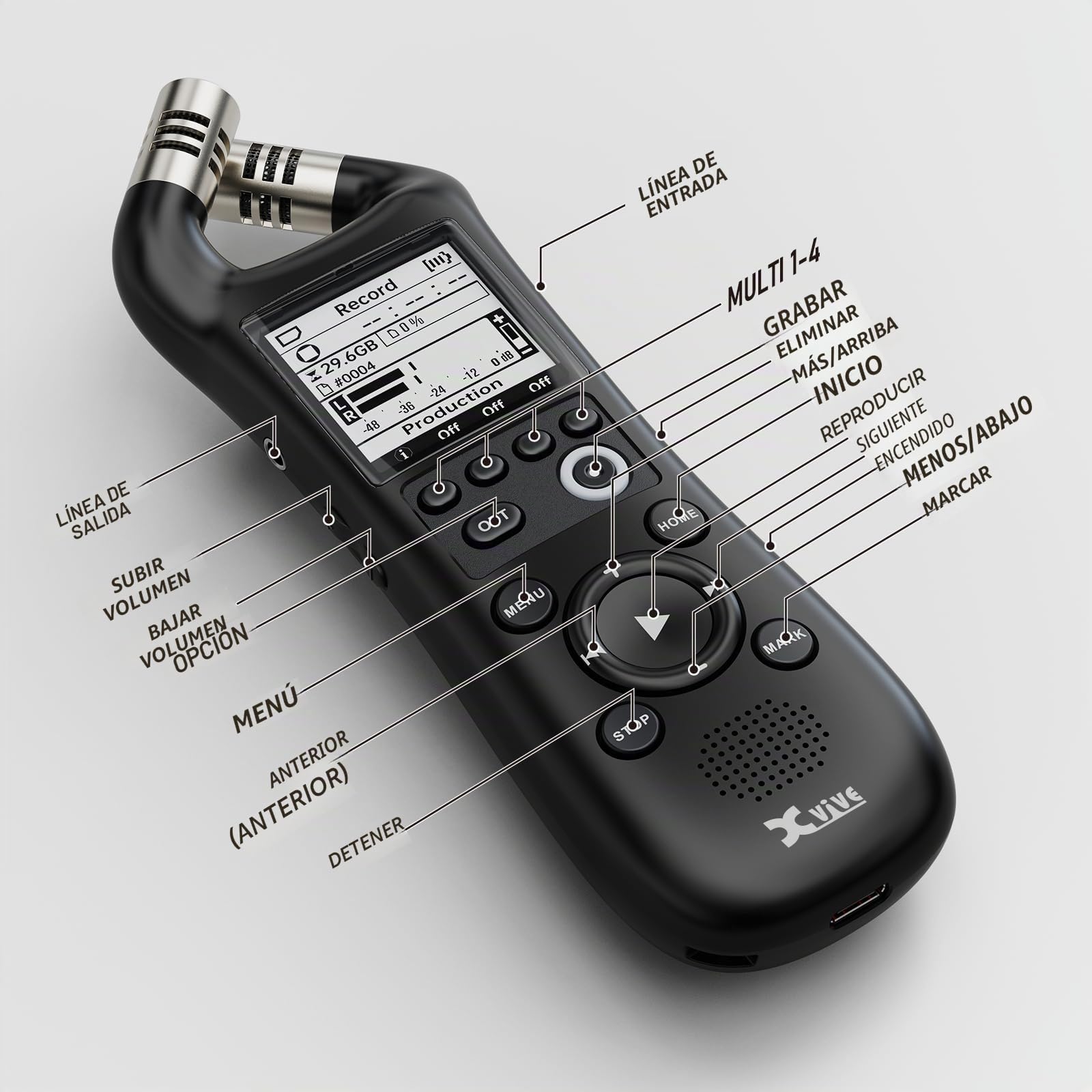 Xvive - Grabadora de mano digital XV1-R con micrófonos integrados - grabación wav mono estéreo