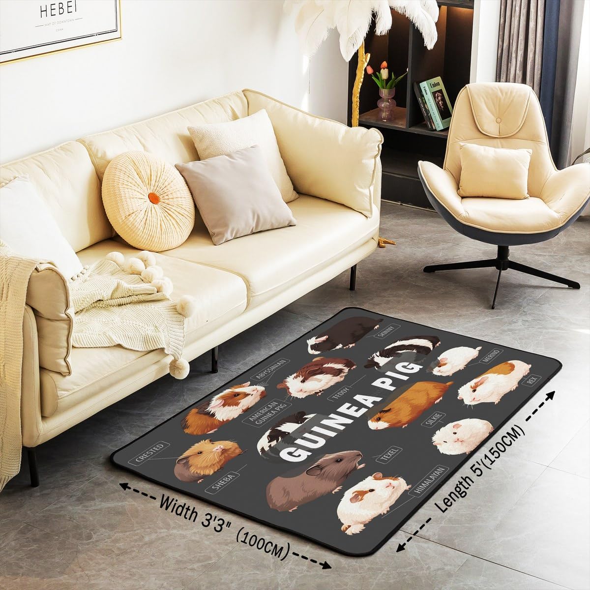 jejeloiu Guinea Pig Rugs for Living Room Bedroom Cute Cavy Area Rug 5"x7" for Kids Cartoon Animal Theme Indoor Floor Mat Orange Grey Accent Rug