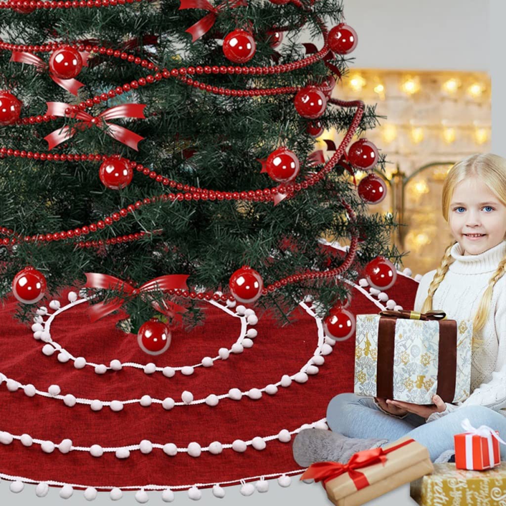 Weihnachtsbaum Rock Weihnachtsbaumrock 48 Zoll rote Leinen Weihnachtsbaum Röcke Baummatte mit Pom for Weihnachtsdekorationen Tannenbaum Decke Weihnachtsdeko