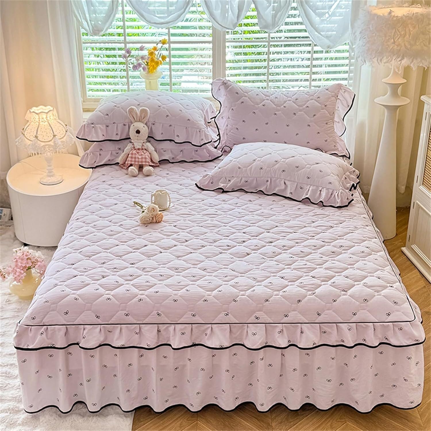 Drap-housse de lit matelassé haut de gamme à volants rose pour suite parentale