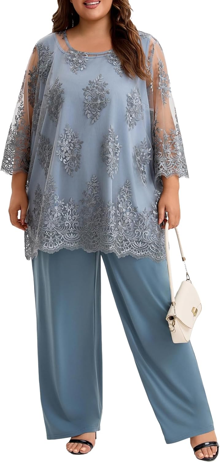 Plus Size Mother of The Bride Pantsuit Outfit Elegant Lace Embroidered 2 Piece Womens Formal Wear for Wedding Guest