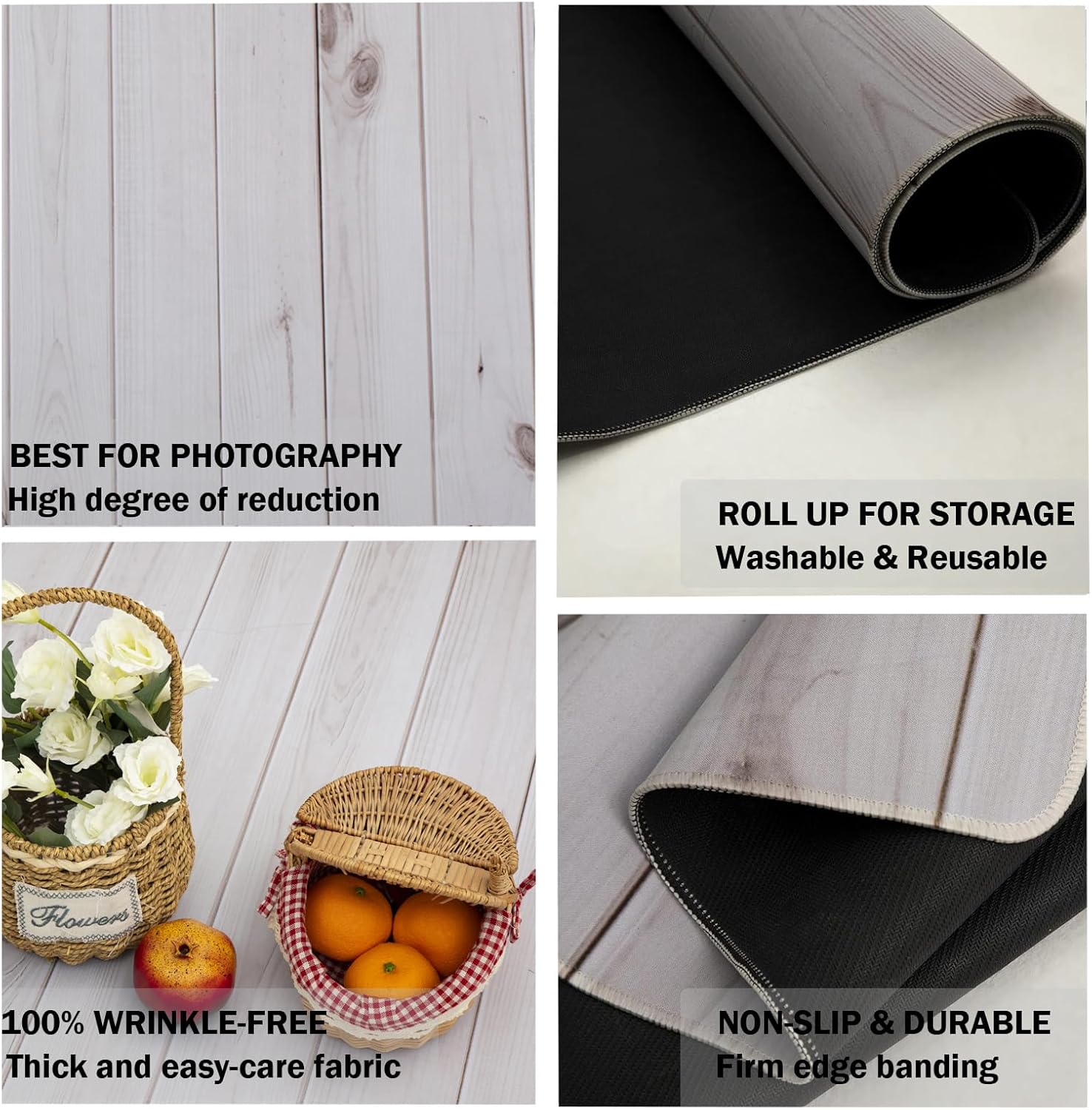 Kate White Wood Photography Mat Non-Slip Rubber Floor Backdrop for Studio Product Photography, Flat Lay & Video Shooting, Crush-Resistant Reusable Surface for Photographers 5x4ft