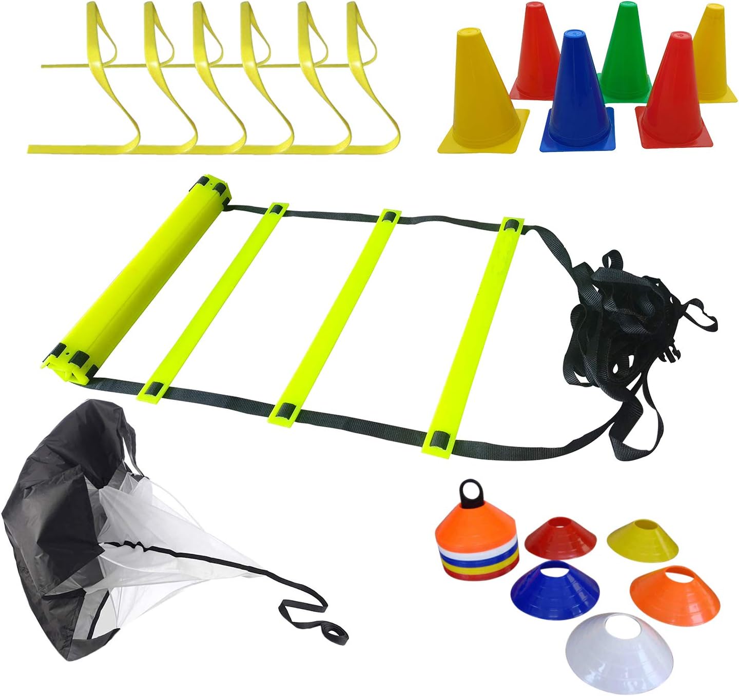 Football Training Kit Plastic Agility Hurdle, Marker Cones, Running Parachute, Agility Ladder & Sucer Cones With Stand, Size-6 Inch (Multicolour)