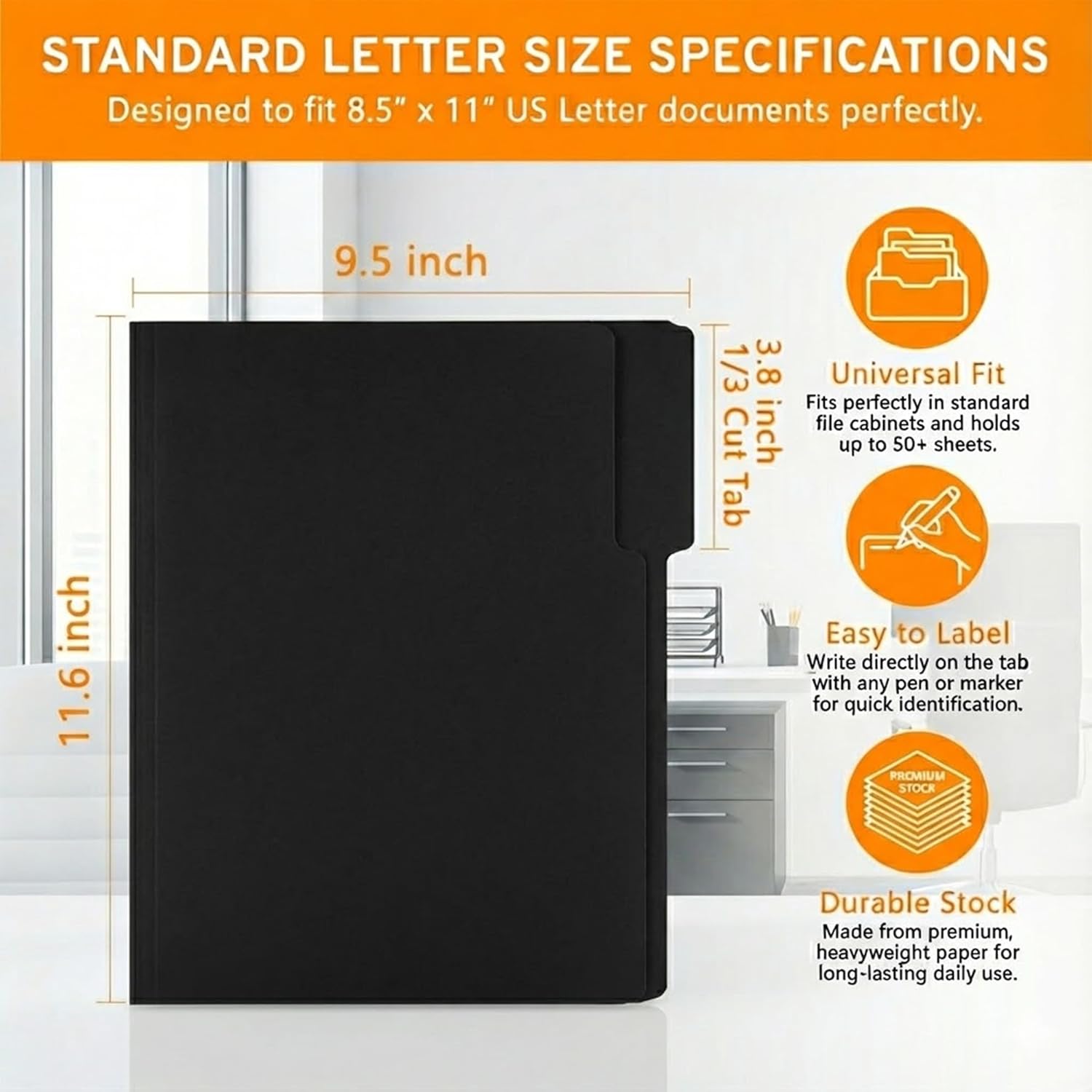 VZCPYTPM 150 Pack Black File Folders,Letter Size (8.5x11 in),1/3-Cut Tabs in Assorted Positions,Cardstock Paper Folders for Office,School & Home Filing Cabinet Organization,Bulk Document Folders