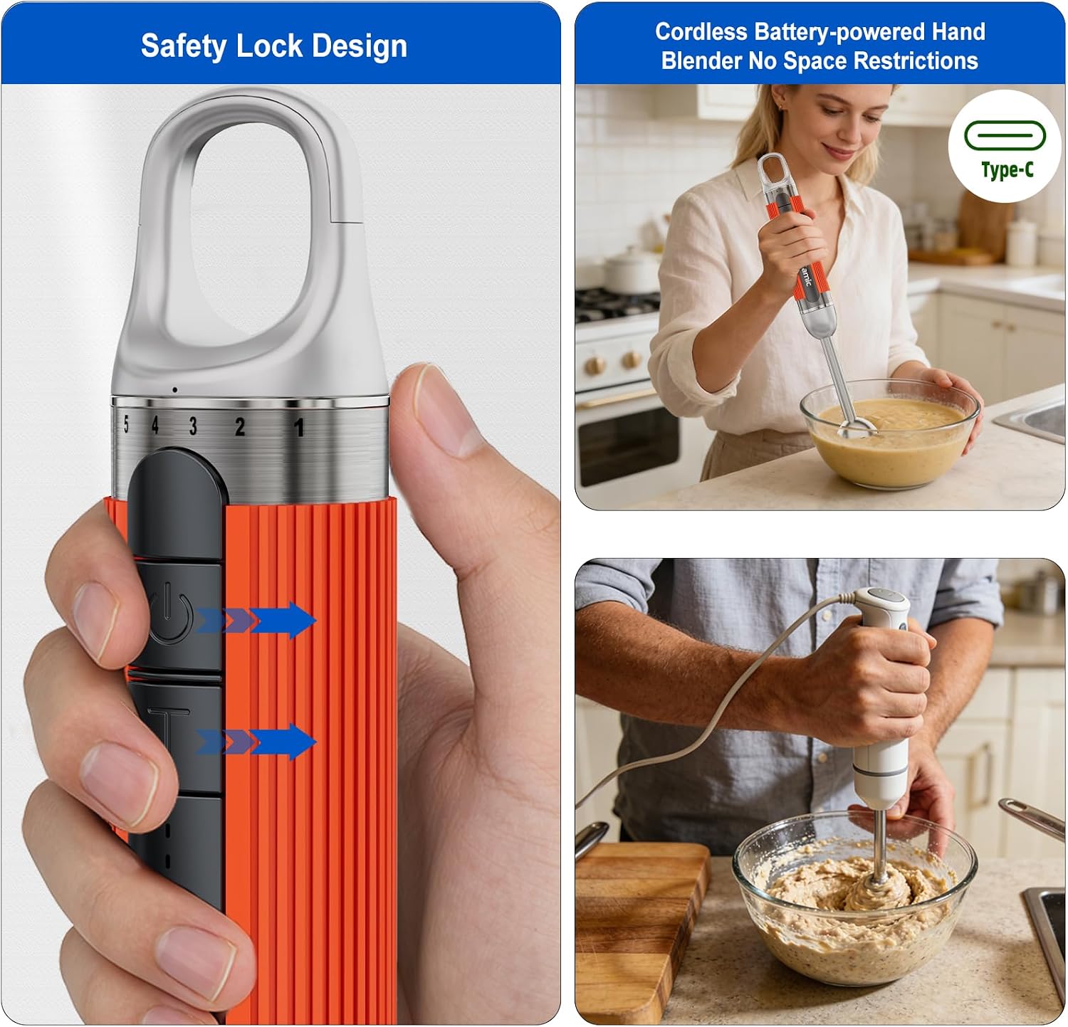 Cordless Immersion Hand Blender with Charging, 4 in 1 Hand Blenders Set,6-Speed Turbo, Wall-Mountable Design, Includes Chopper, Whisk & Frother for Soup, Baby Food & Smoothies (Orange)