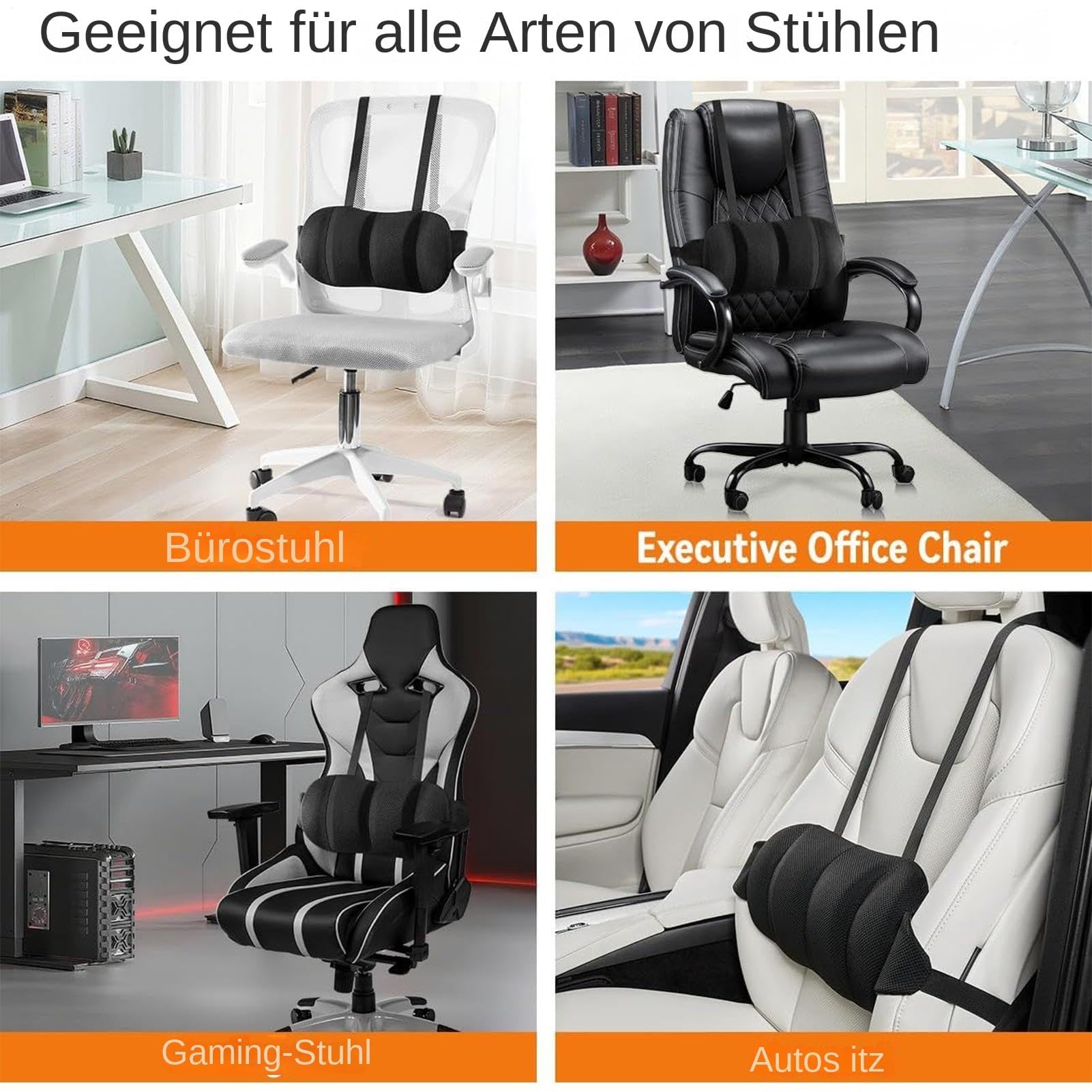Soporte lumbar con correas – Cojín de apoyo ajustable en altura para sillas de oficina, asientos de coche y sillones relajantes | Comodidad al sentarse y conducir