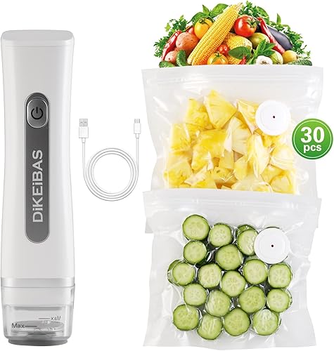 Sellador al vacío de mano con 30 bolsas reutilizables  6 veces más frescura, sellado de un solo toque y recargable  Sin BPA, bolsas a prueba de
