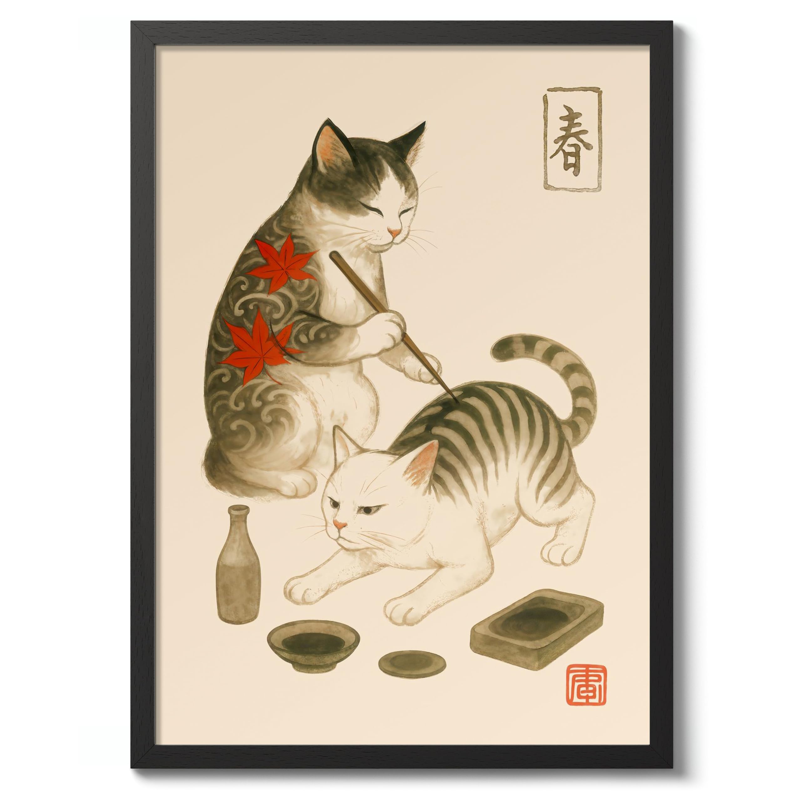 Earning His Stripes Poster, Vintage Japanese Woodblock Cat Poster, Ukiyo-E Tattoo Wall Art, A1 (Black Frame) - 86.9x62.4cm — image 1