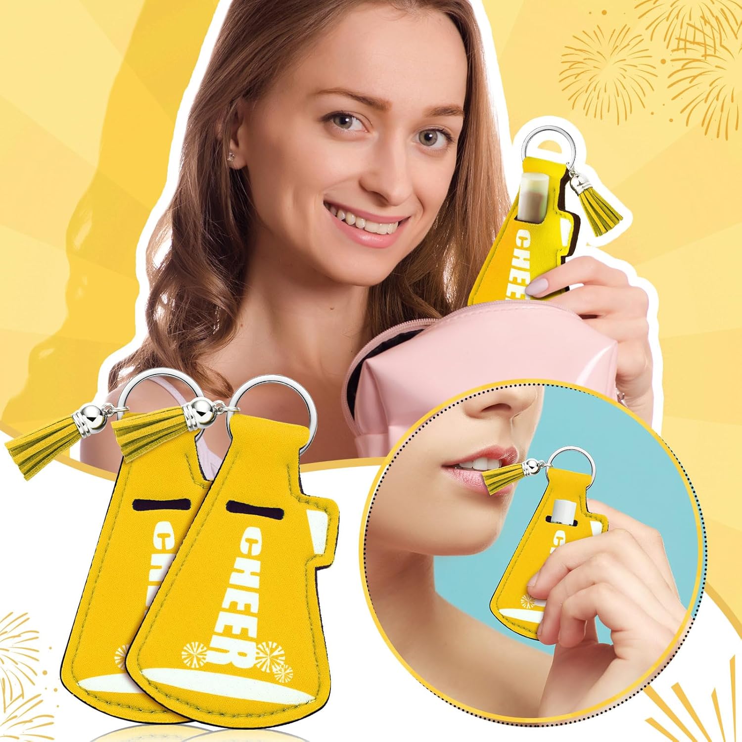 20 Pcs Cheer Gifts Bulk Cheerleader Team Gift Lip Balm Holder with Tassel Keychains Set for Valentines Team Gift - Image 5