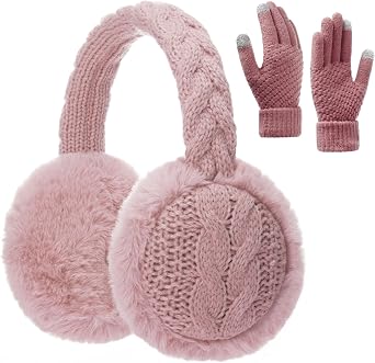 Womens Knitted Fuzzy Earmuffs and Touch Screen Gloves Set