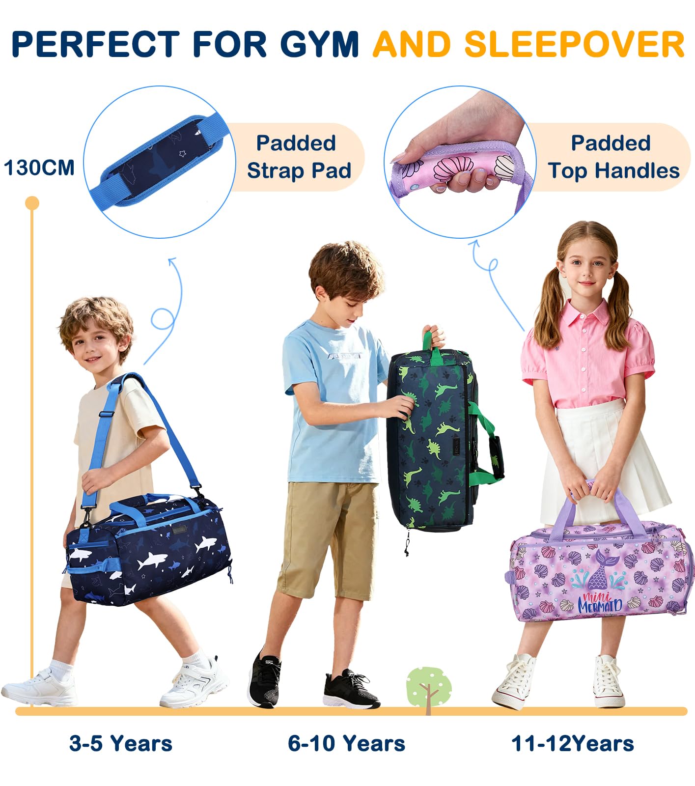 VASCHY Bolsa de Deporte Niño, Bolsa de Viaje Infantil Ligera Bolsa Gimnasio Piscina con Compartimento Zapatos, Tiburon Azul
