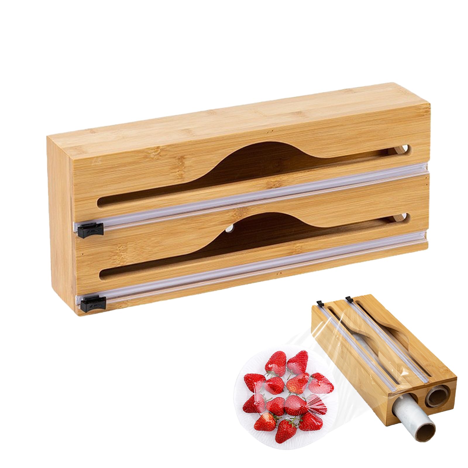 Frischhaltefolienspender 2-in-1 – Alufolienspender und Frischhalte Folienschneider aus Bambus, Folienspender für Schublade oder Wand, Folienabroller Küche, 33×14×7 cm