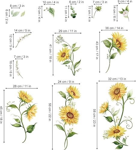 Miniatura 4 de decalmile Calcomanías de pared de girasol de acuarela flores amarillas jardín floral pegatinas de arte de pared dormitorio sala de estar TV fondo