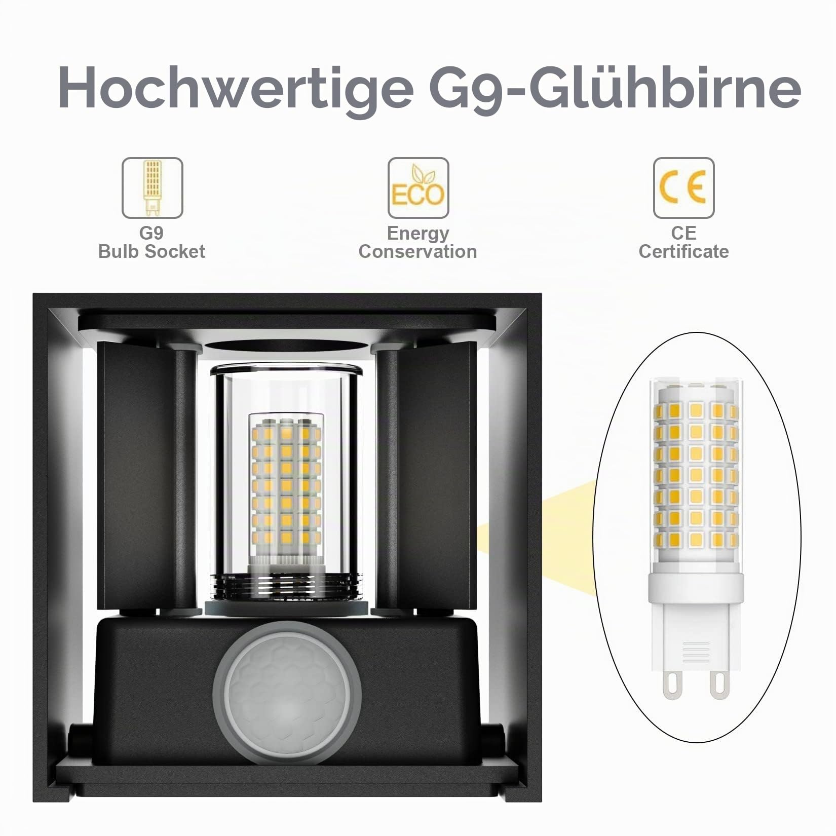 Klighten 2 Stück Aussenlampe mit Bewegungsmelder Naturweiß 4500K, Schwarz | mit Austauschbarer G9 Lampe, Einstellbarer Lichtstrahl, Wasserdicht IP54, Aluminium Außenwandleuchten für Garten, Terrassen