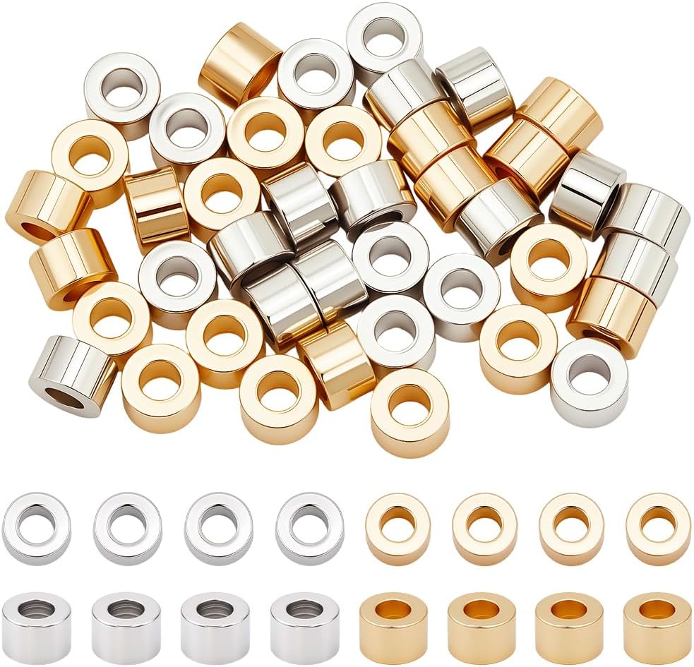 Beebeecraft 50Pcs 6mm Metal Tube Beads 18K Gold & Platinum Plated Brass Column Spacer Beads Rondelle Barrel Loose for Jewelry Making DIY Crafts Bracelet Necklace Supplies