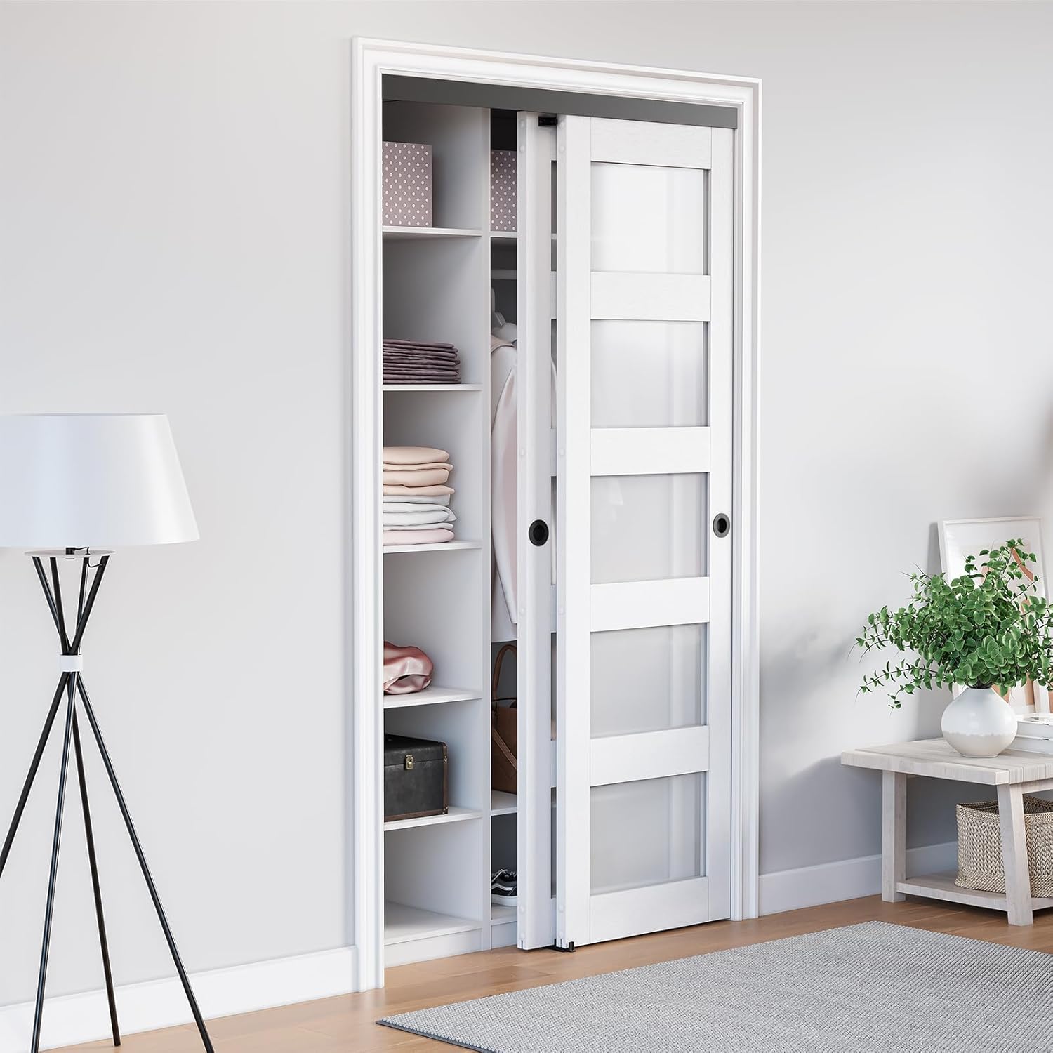 4FT Bypass Door Hardware, Closet Door Track Kit, Top-Mounted Style, Made of Heavy Duty Aluminum, Smoothly and Quietly, for 2 Doors System - Fit Min Door Panel Width of 24.5in, Black