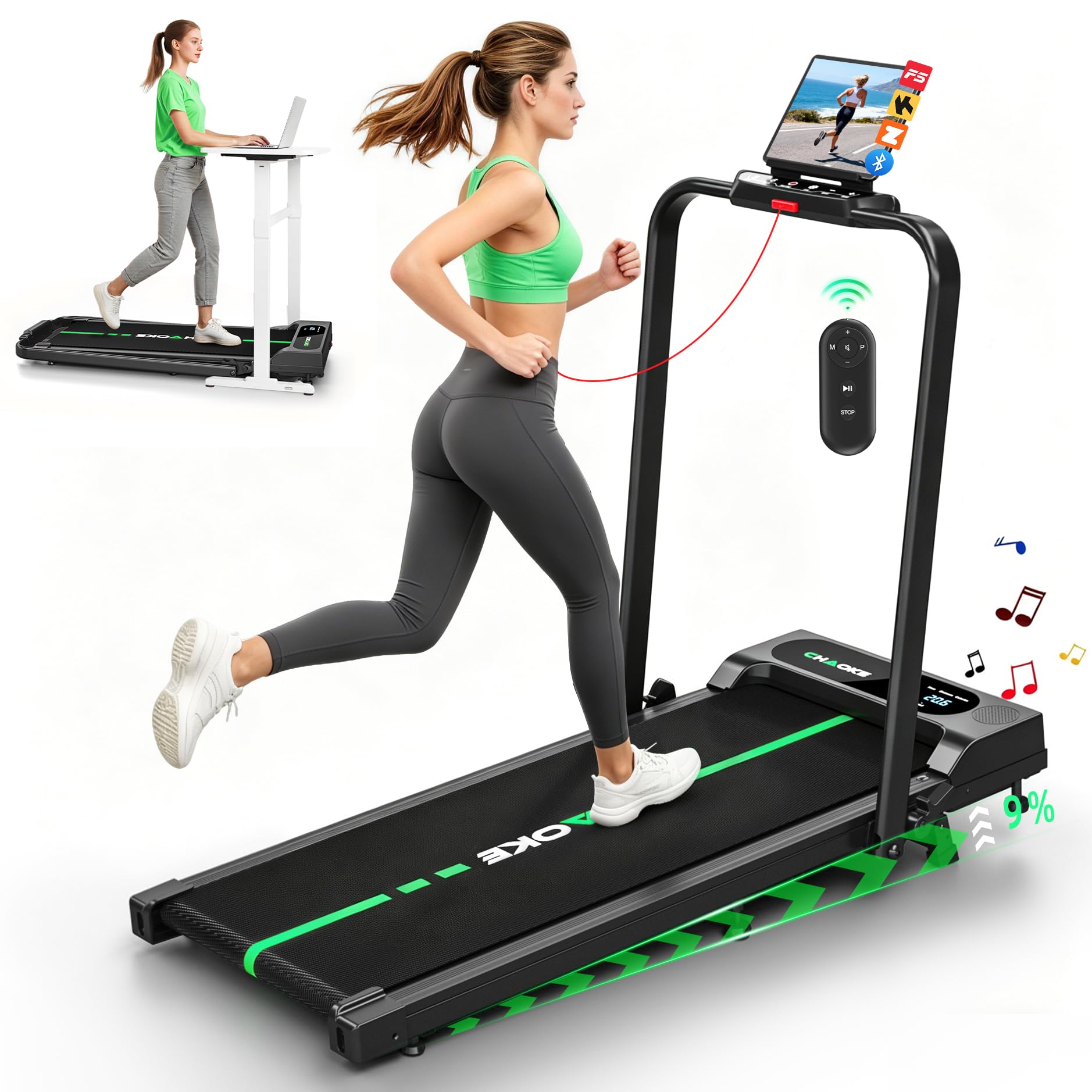 Walking Pad 1-10 km/h, 4 in 1 CHAOKE Laufband für Zuhause mit 9% Steigung, 2.75HP Walking Machine für Home Office mit Eingebaute Lautsprecher & App Steuerung, Keine Installation