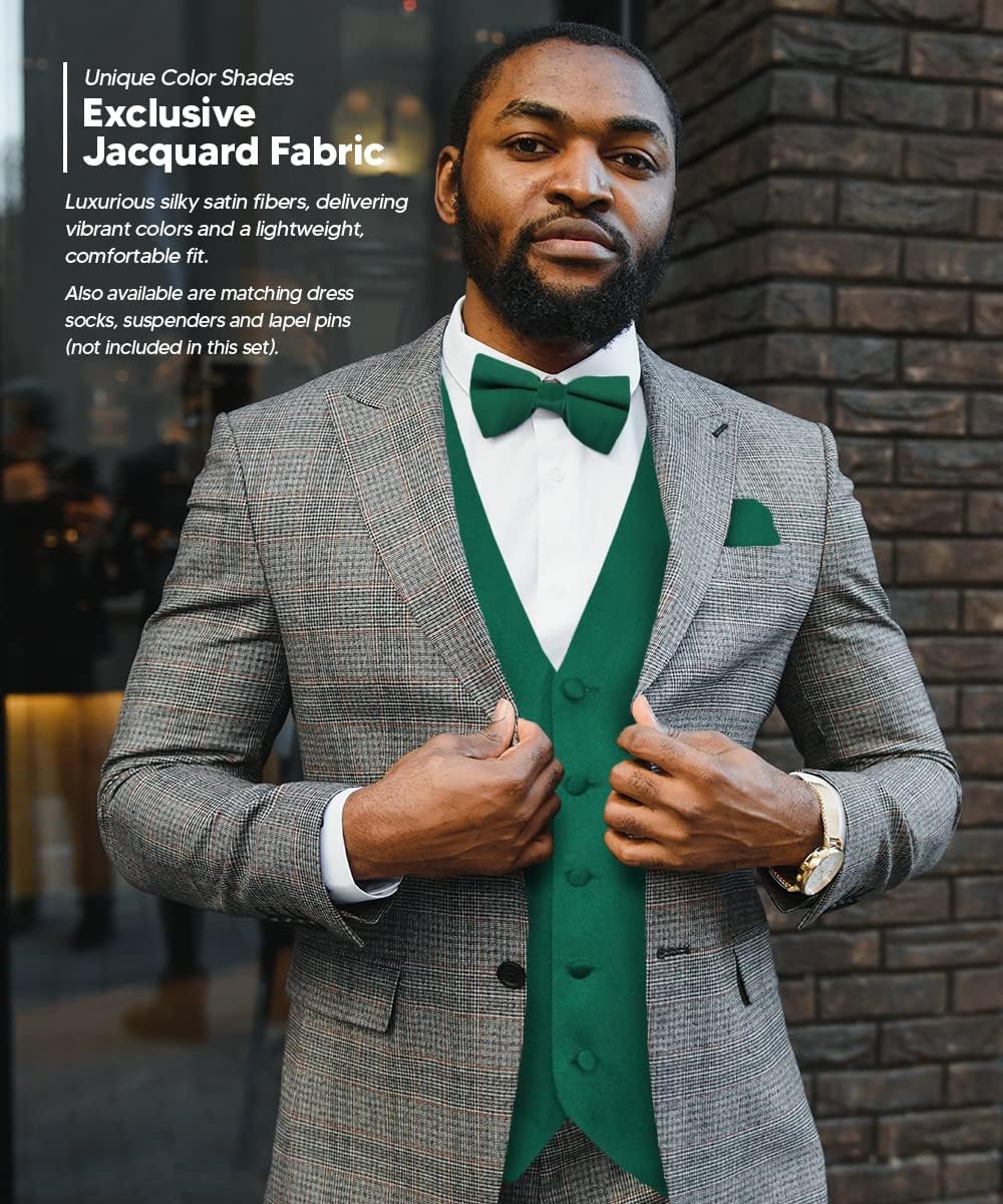 Solid Color Satin Suit Vest for Men Set of 4 - Vest, Tie, Bow Tie & Pocket Square (Black Back)