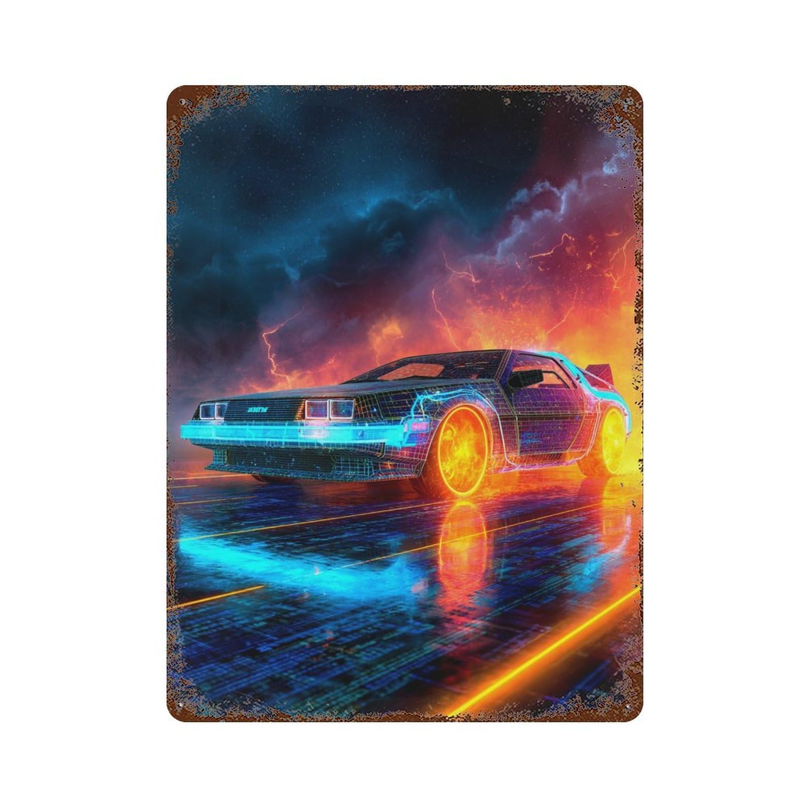 Garage Style Neon FutureCar Aged Metal Wall Plaque 15.7"x11.8", Novelty Wall Decor for Bar And Workshop