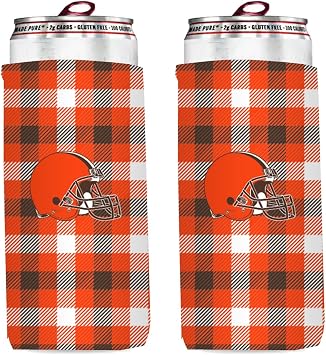 Football 12oz 2-Pack Slim Skinny Can Holder Insulator Beverage Huggie Cooler Coozies Cleveland Plaid Browns
