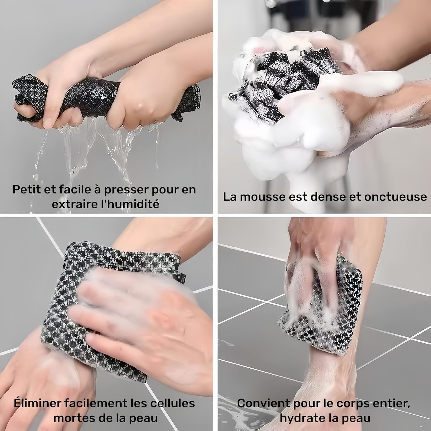 Serviette De Douche Exfoliante Ecovia™Gant de Gommage en Fibre de Bambou et Charbon Ecovia - Serviette de Douche Exfoliante Naturelle pour Exfoliation Douce du Corps (3 Pcs,Rayure noire)