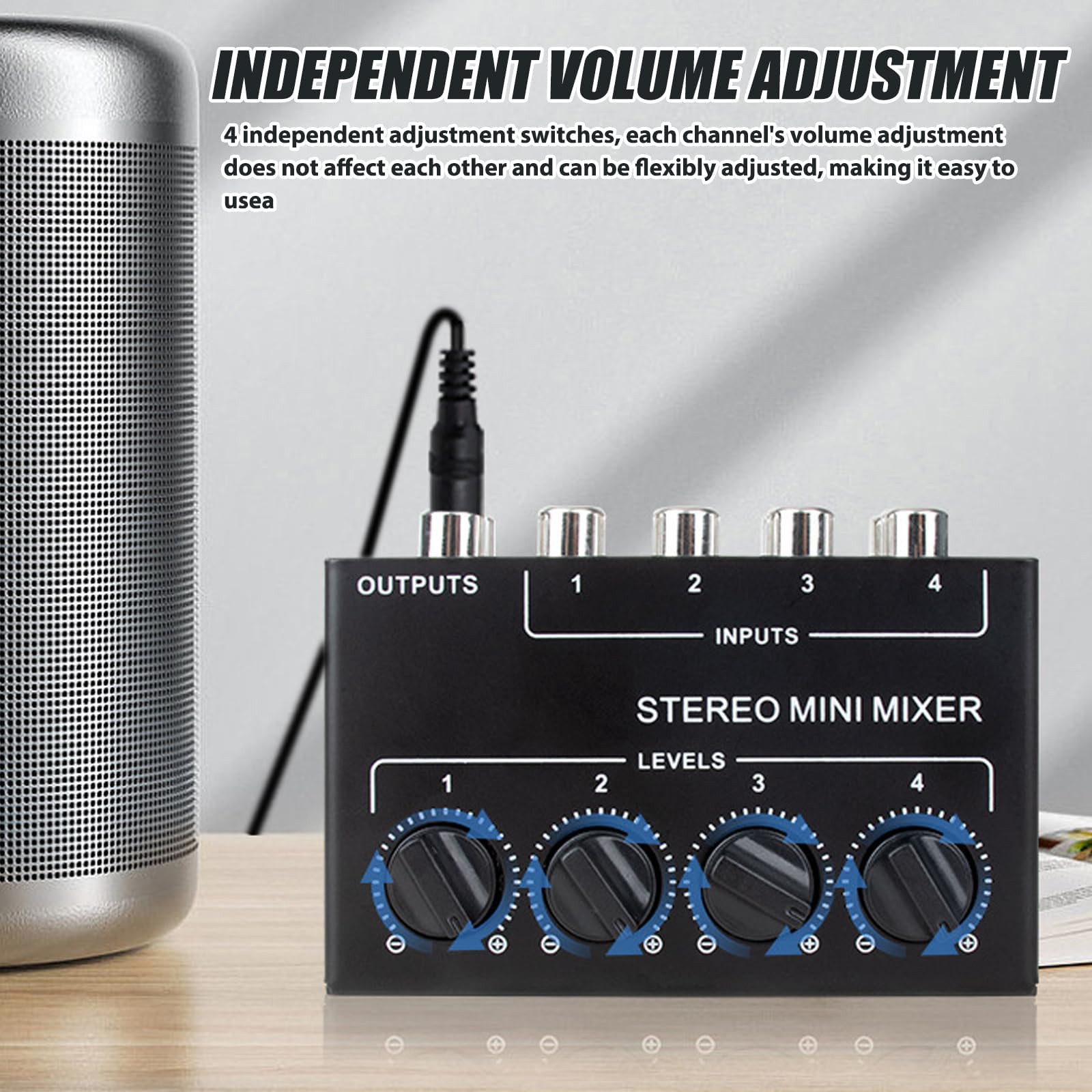 Mixer audio stereo, mixer passivo, mixer audio stereo a 4 canali con controllo del volume indipendente, mixer DJ compatto per studio, club, bar, strumenti misti e PC
