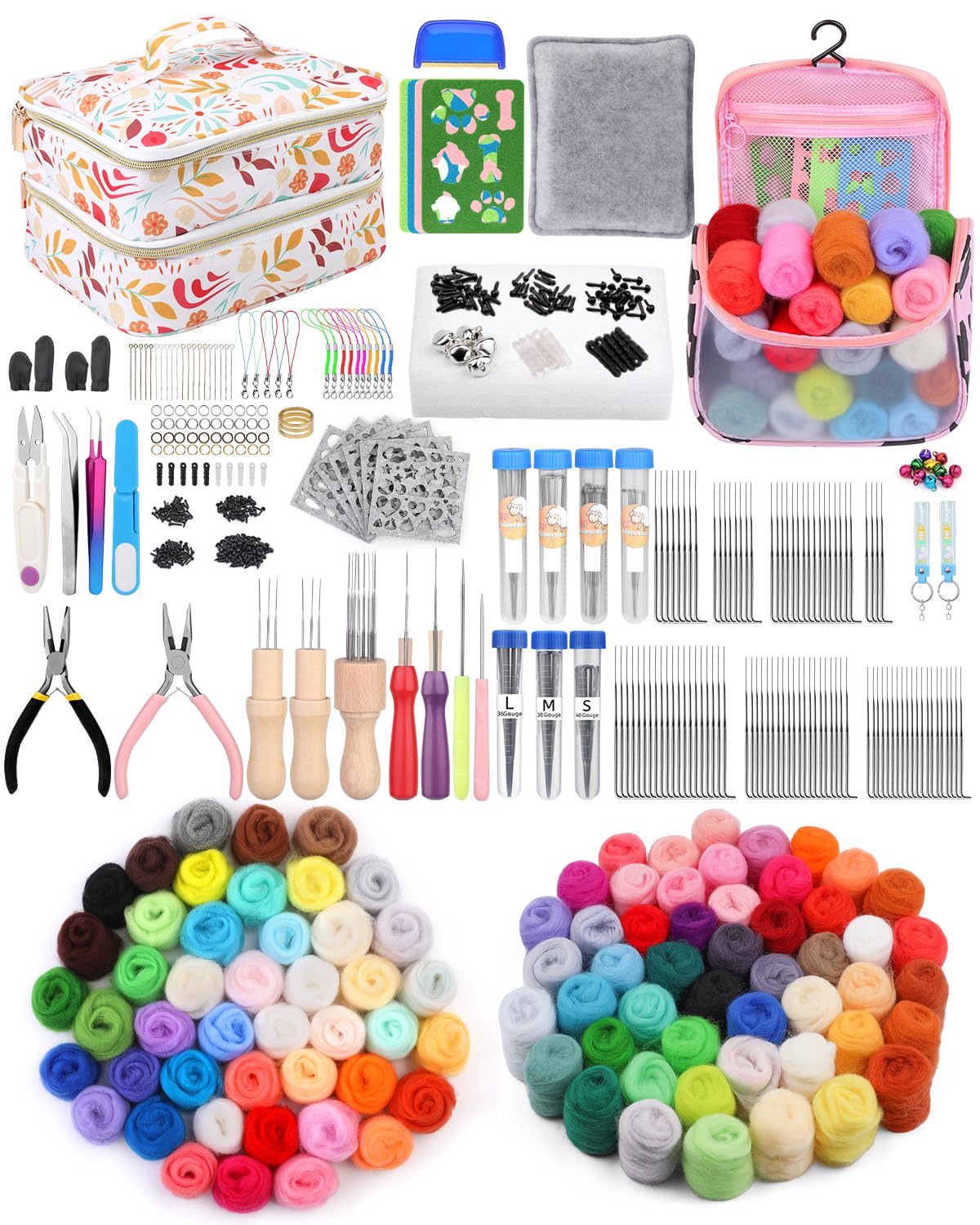 Riddur Nadelfilz-Set, 45 Farben Filzwolle Trockenfilzen Starterset, Grundlegenden Filzwerkzeugen und Zubehör, Weichem Nadelfilzpad für Diy Bastelprojekte und Handarbeiten
