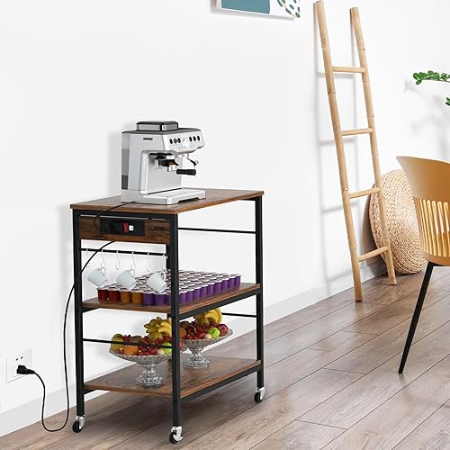 Miniatura 5 de Estante para panaderos con toma de corriente para cocina, soporte para microondas, 3 niveles, mesa de café, estante de almacenamiento de cocina con