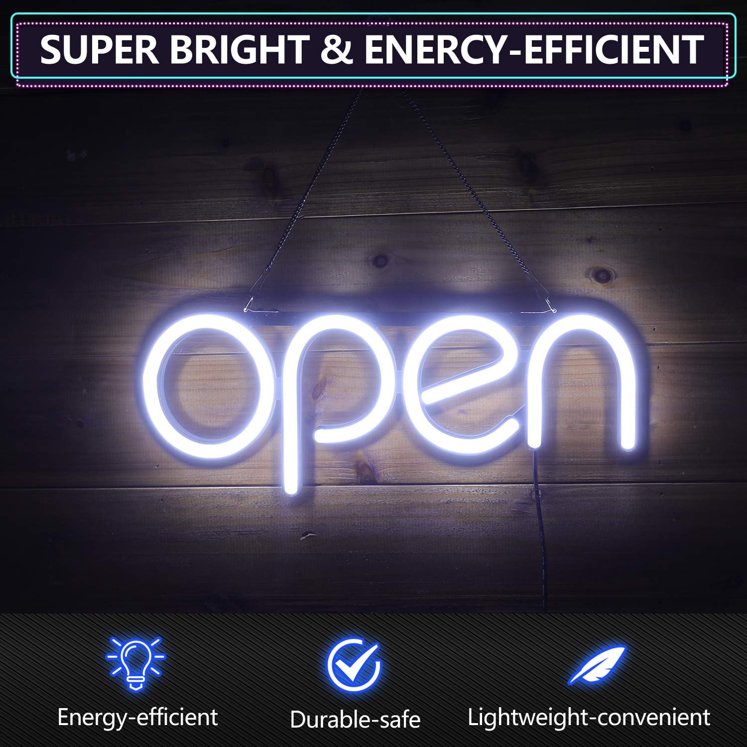 LED Open Sign, 16x6 Inch - Flashing Modes, Ideal for Restaurant, Bar, Salon - 24V/1A Power Supply, Open/Close (White)