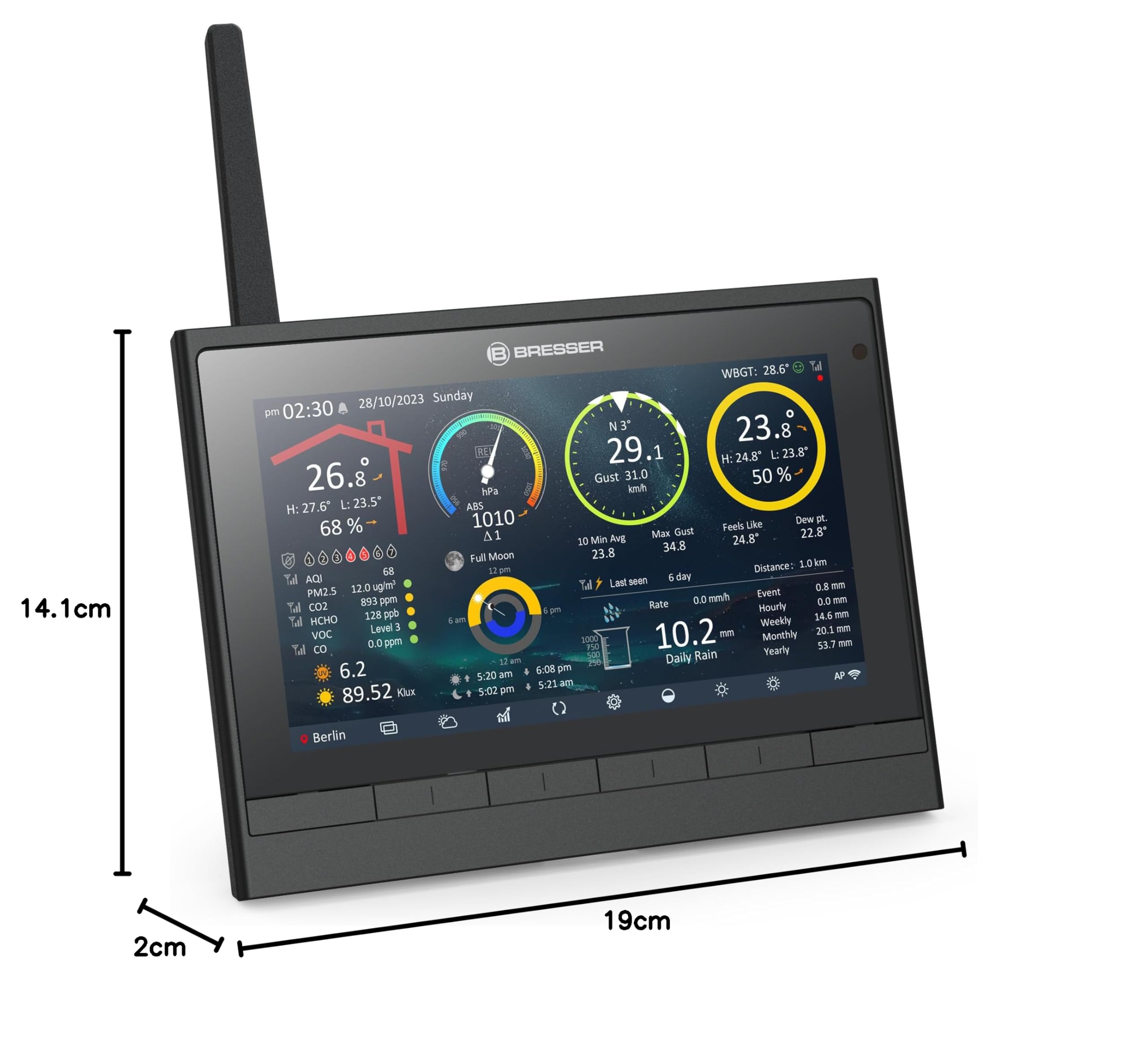Bresser 9-in-1 MeteoChamp HD WLAN-Wetterstation mit solarbetriebenem Multisensor, Luftqualitätsanzeige, Hitzestress-Index, Datenspeicher | Innentemperatur und Außentemperatur, Luftfeuchtigkeit, Regenmesser, Windmesser, 14 Tage Wettervorhersage, App, WBGT