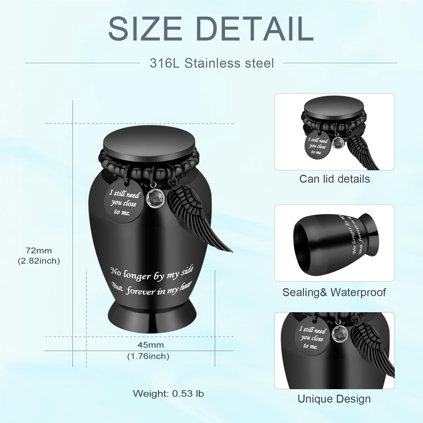 Kleine Urnen für menschliche Asche Andenken Kremation Urne für menschliche Asche mit Flügeln Charme Mini Personal Funeral Urne für Haustier (Schwarz-große Flügel)