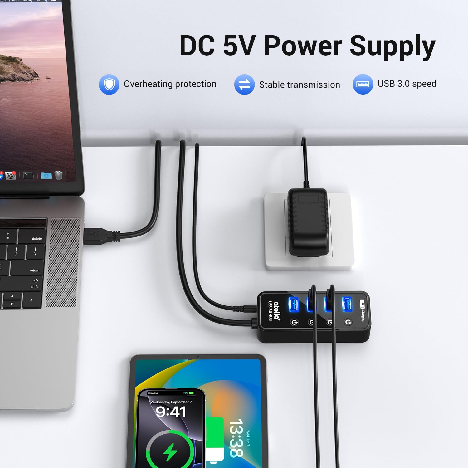 Atolla 4-Port USB 3.0 Hub with 4 Data Ports, 1 Smart Charging Port, Individual On/Off Switches and 5V/3A Adapter — Amazon image 4