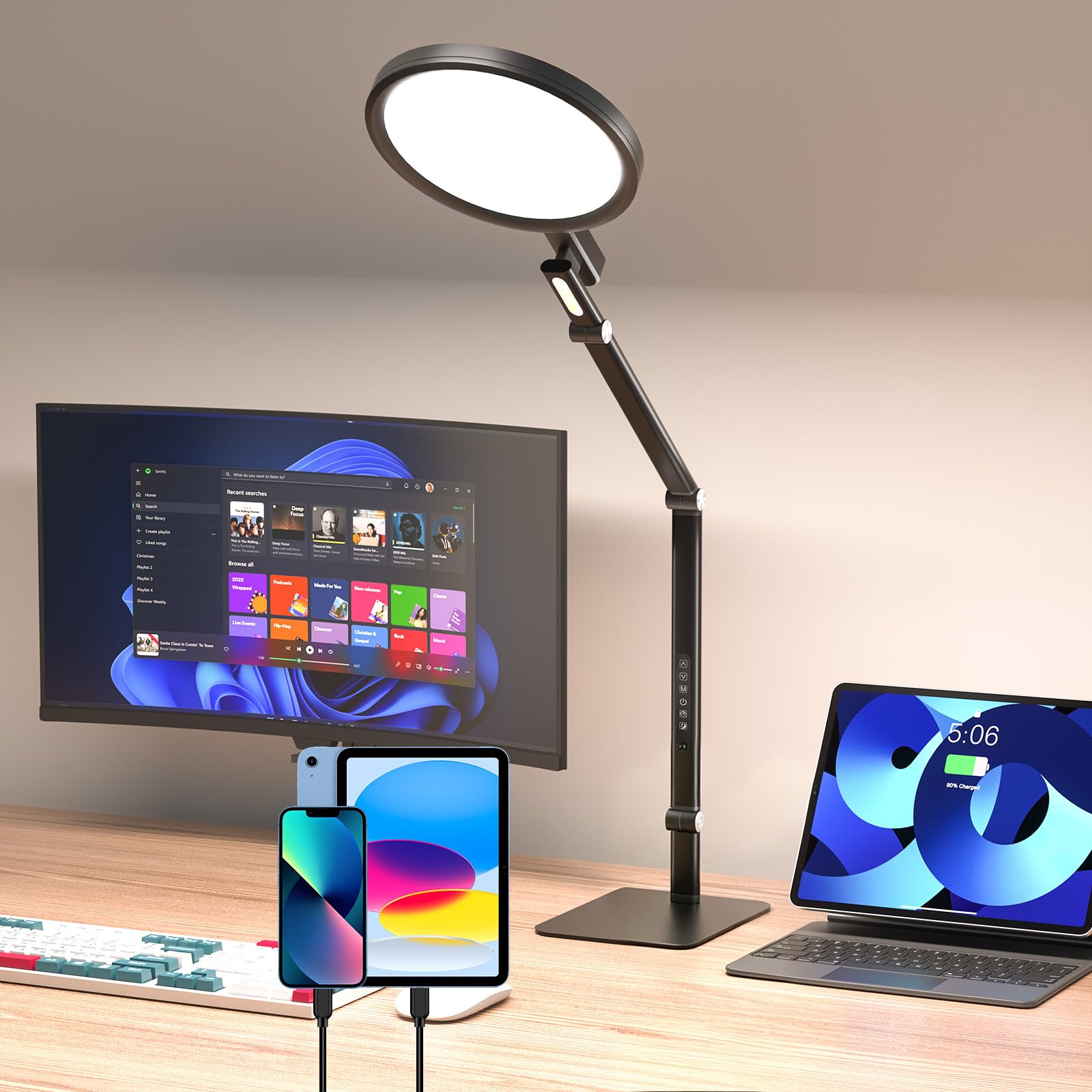 Dorlink Lampara Escritorio Led Brazo Articulado, 1337lm,5 Modos Color+5 Niveles Brillo,Doble Usb-C,Memoria,Temporizador,Luz Nocturna,ProteccióN Ocular Hogar,Oficina,Streaming,Negra