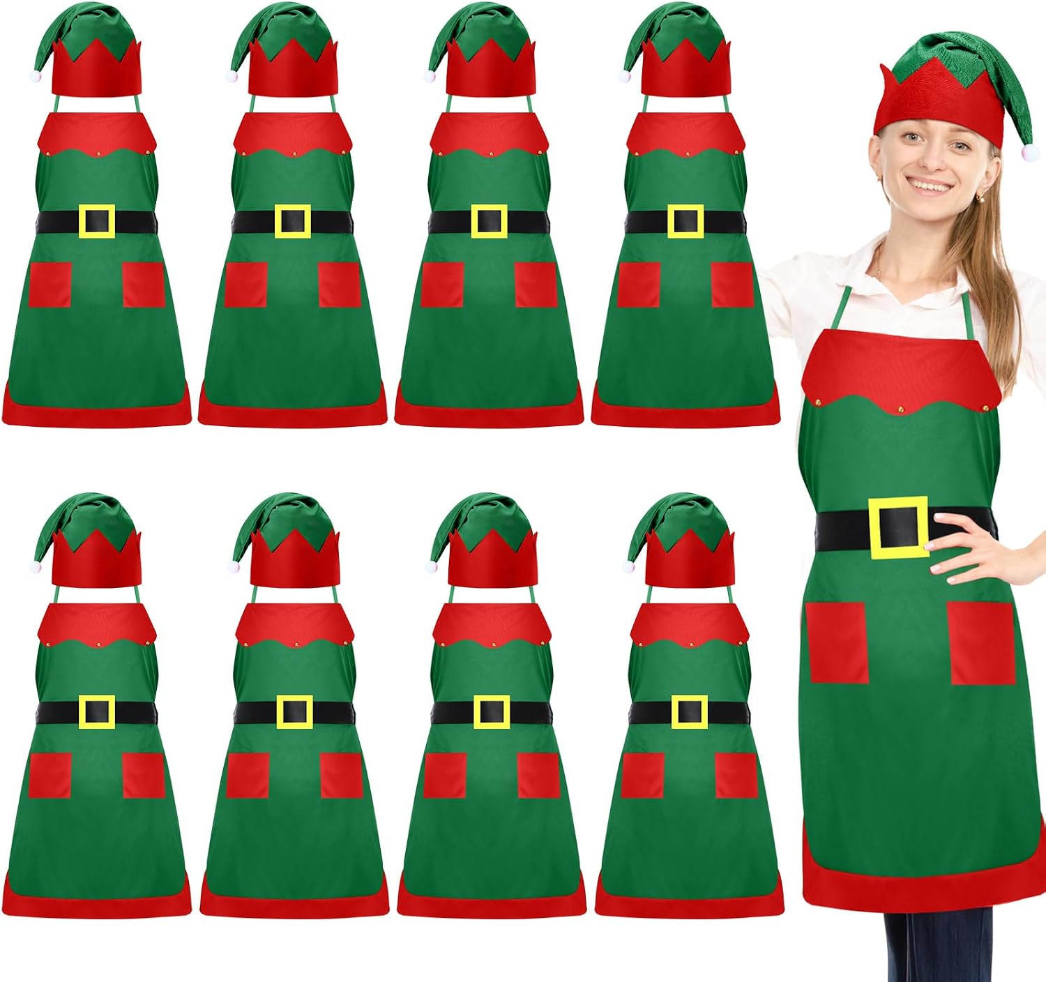 Ramede 16 Pcs Christmas Elf Apron and Hat Set, 8 Aprons and 8 Hats Elf Costume Kits Accessories