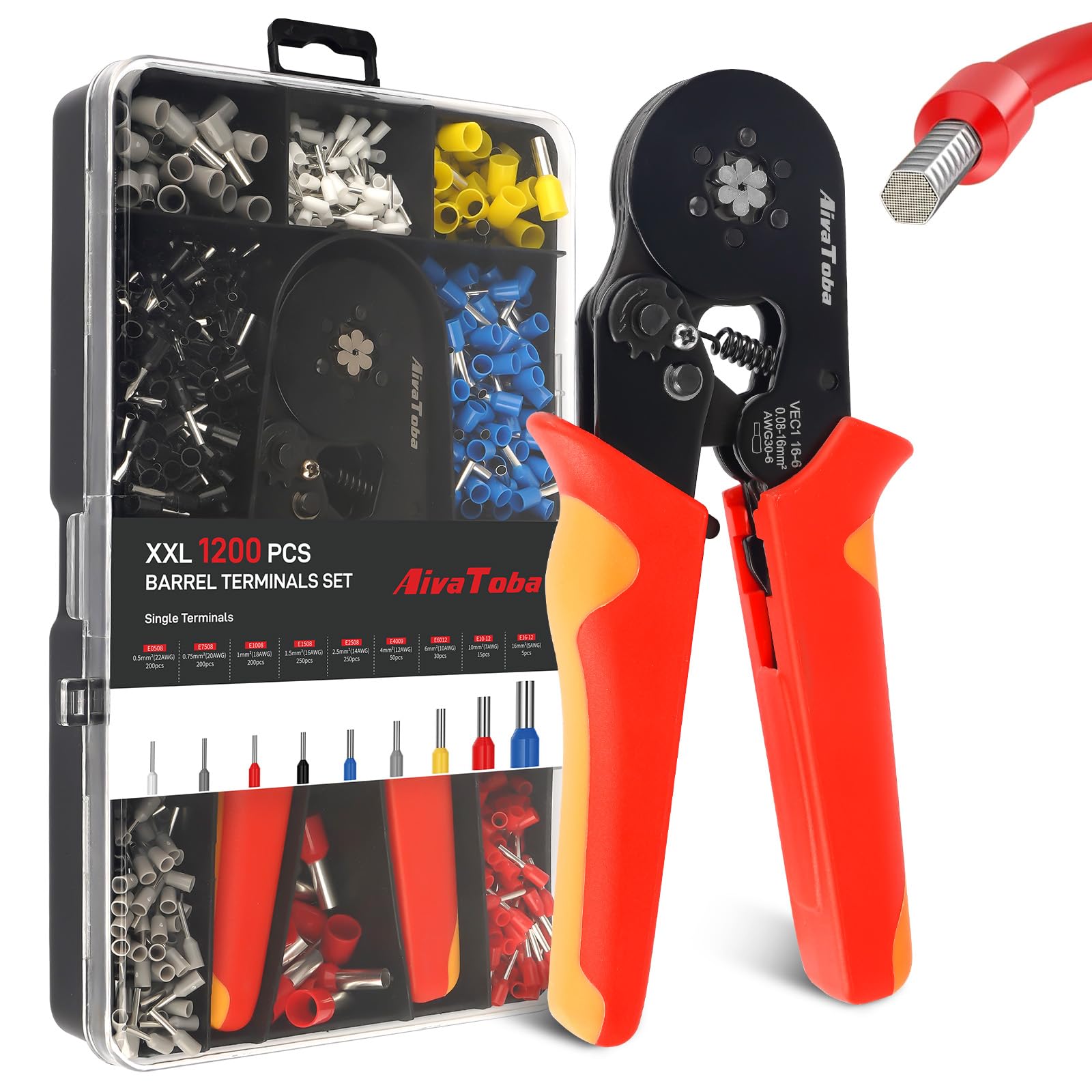 Crimpzange Aderendhülsen Set für 0.08-16mm², AivaToba Aderendhülsenzange mit 1200 Stück, Crimping Pliers & Aderendhülsen Set für Heimwerker und industrieller Bedarf Presszange 16mm2