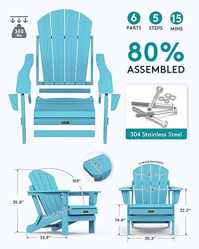 Miniatura 3 de SERWALL Silla Adirondack plegable resistente a la intemperie, sillas de patio al aire libre, sillas Adirondack pintadas, juego de 2, color azul Aruba