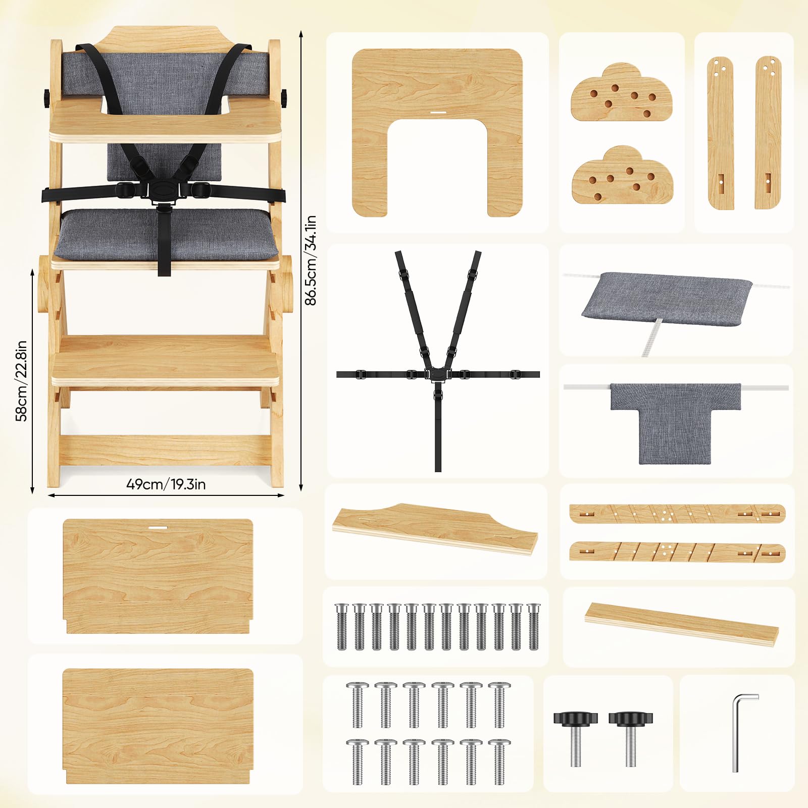 Chaise Haute Bébé Evolutive – Avec Coussin, Plateau Repas, Arceau de Sécurité, Harnais 5 Points et Sangle d’Entrejambe,en Bois Naturel, Chaise d'alimentation, Évolutive, Réglable