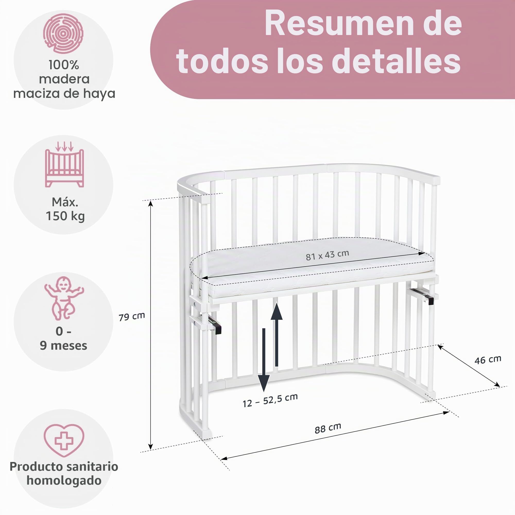 Babybay Original cuna colecho de madera de haya maciza con colchón Classic Soft para el día y la noche/Cuna regulable en altura & ecológica/Cuna que crece con el niño, lacando blanco