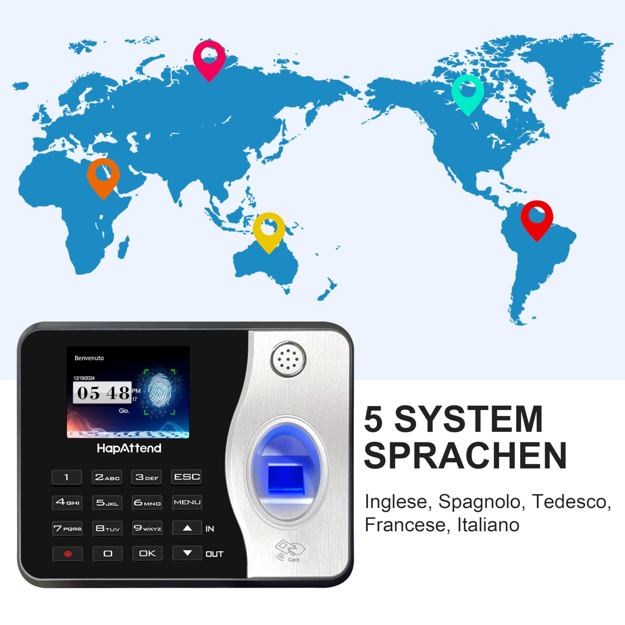 Rilevatore presenze, HapAttend Italiano timbracartellini lettore con impronte digitali e 5 badge RFID, H3 timbratrice presenze dipendenti Checking-in registratore orologio tempo per piccole imprese