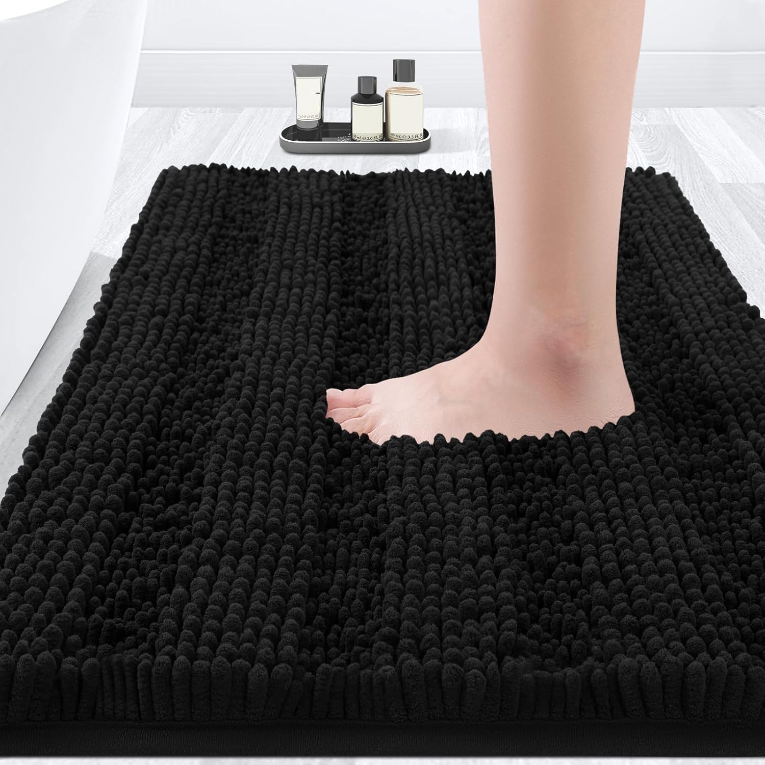 ACCUMTEK Striped Black Bathroom Rug Mat 32x20 Ultra Soft Non Slip Chenille Bath Rugs Absorbent Plush Shaggy Bath