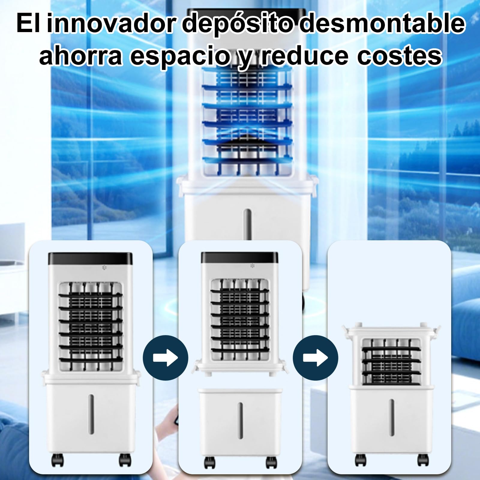 Aire Acondicionado Móvil Mecánico, 75W Bajo Consumo, 3 Velocidades | Climatizador Evaporativo Portátil de 10L con Cristales de Hielo,Oscilación de Gran Ángulo, Ruedas para Hogar Oficina
