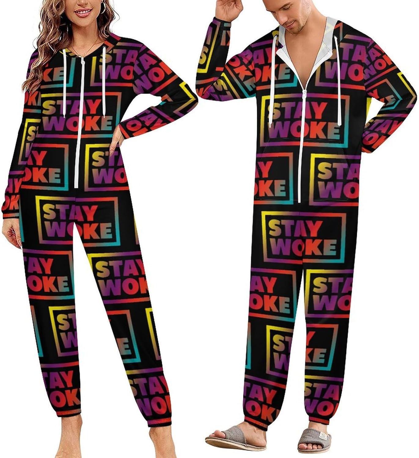 Stay Woke Adult Pajamas Onesie with Hood Pocket Jumpsuits One Piece Sleepwear